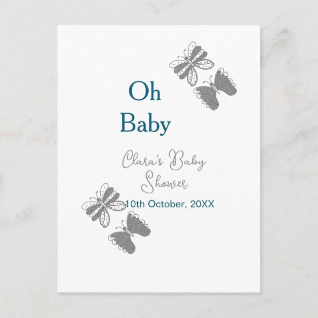 Postal Gris mariposa azul bebé ducha oh bebé ext moderno (Anverso)
