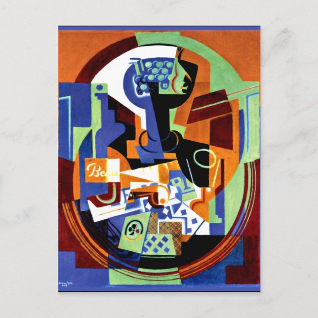 Postal Gris - Plato de frutas y cartas de juego (Anverso)