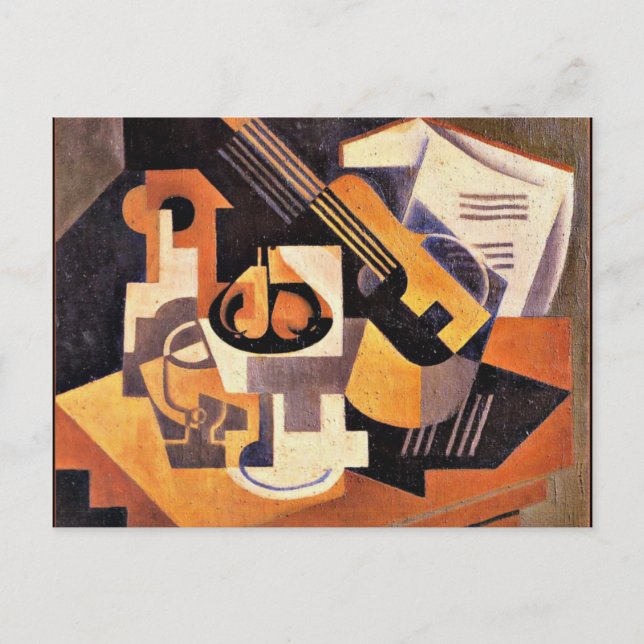 Postal Gris - Plato de guitarra y fruta en una mesa (Anverso)