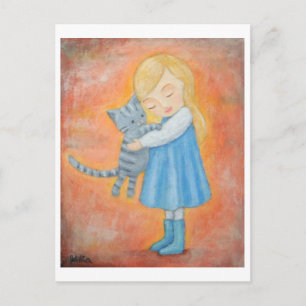 Postal Gris Tabby Cat & Blong Chica Hug Post Card