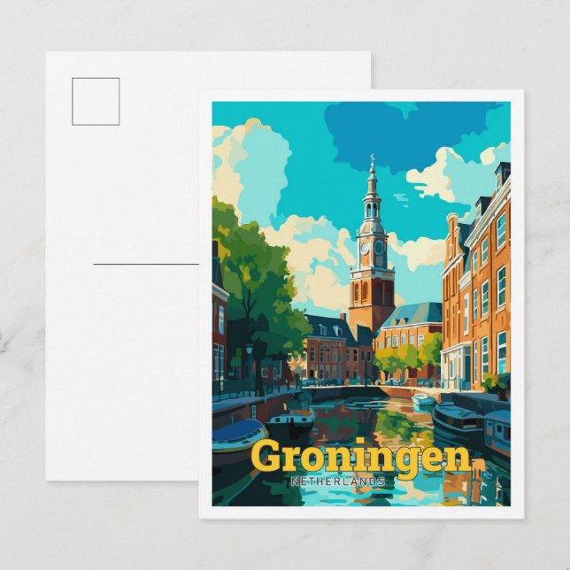 Postal Groningen Holanda Viaje Ilustracion Vintage (Anverso / Reverso)