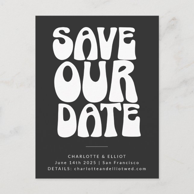 Postal Groovy 70s Negro Blanco Simple Save The Date (Anverso)