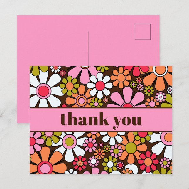 Postal Groovy Floral Retro 60s 70s Flores Gracias (Anverso / Reverso)