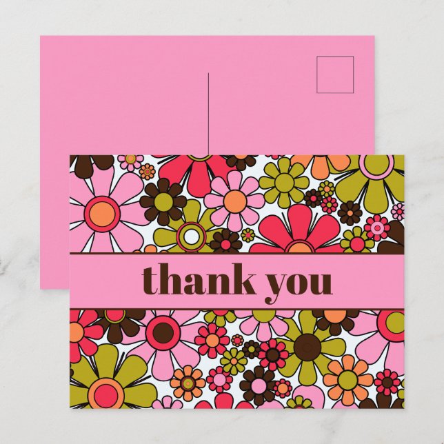 Postal Groovy Floral Retro años 60 70 Flores Gracias (Anverso / Reverso)