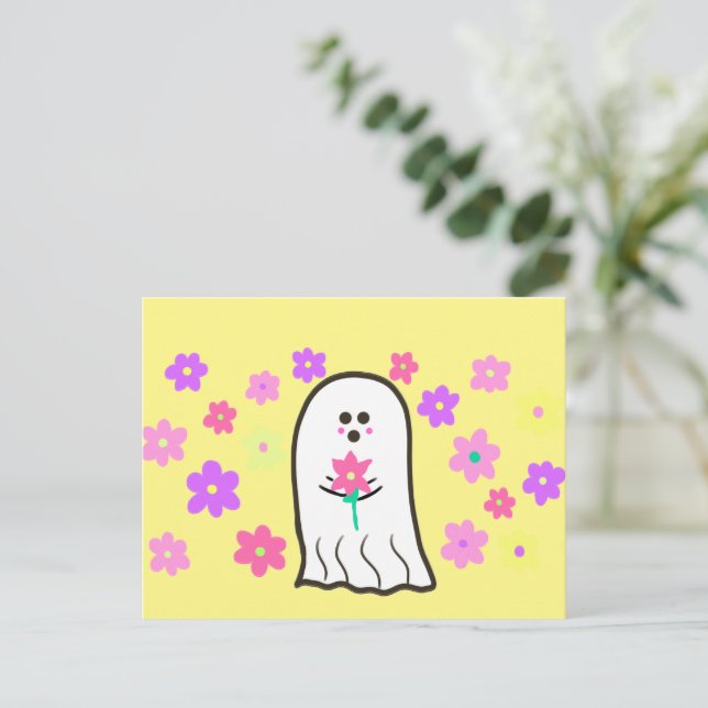 Postal Groovy Ghost con flores (Anverso de pie)