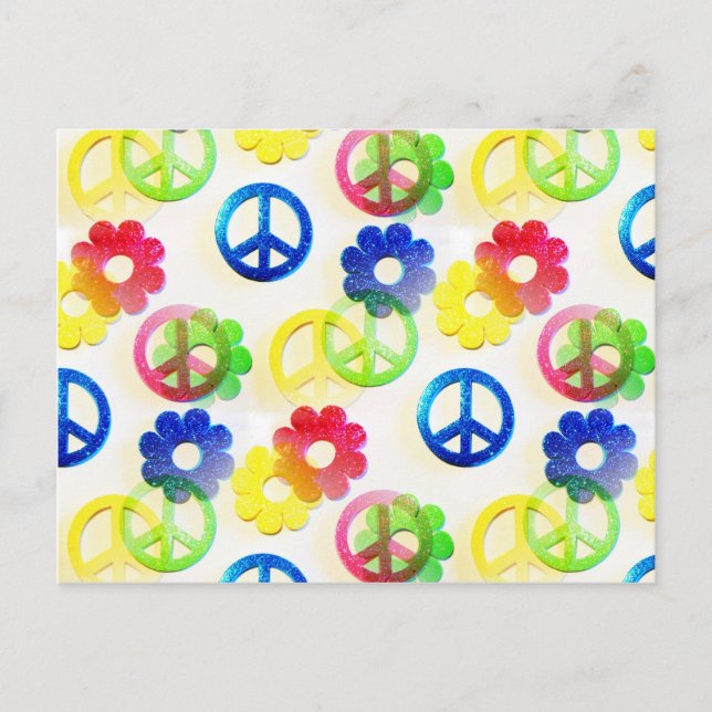 Postal Groovy Hippie Peace anuncia paracaídas de flor (Anverso)