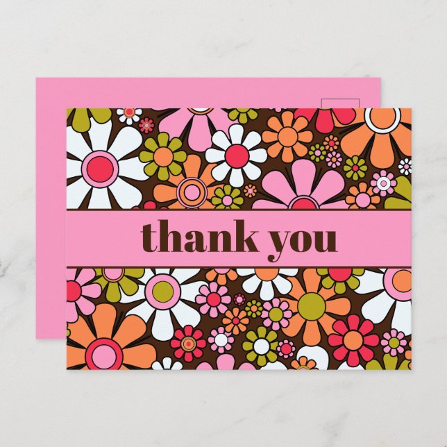 Postal Groovy Retro Floral 60s 70s Flores Gracias (Anverso / Reverso)