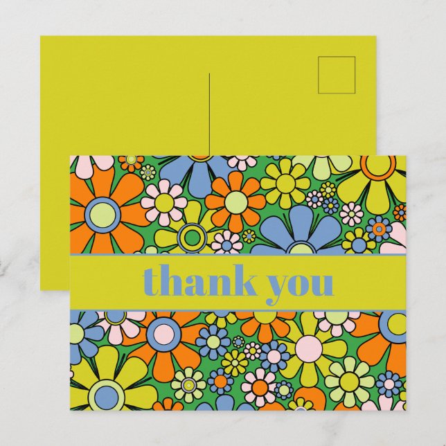 Postal Groovy Retro Floral Colorido Agradecido 60s 70s (Anverso / Reverso)
