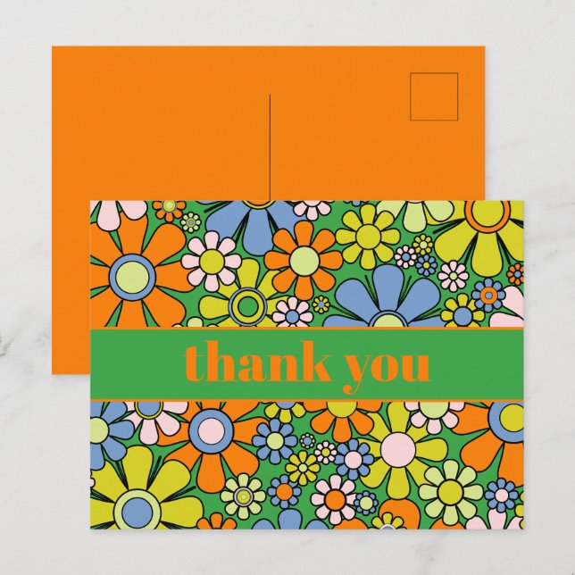 Postal Groovy Retro Floral Colorido Agradecido 60s 70s (Anverso / Reverso)