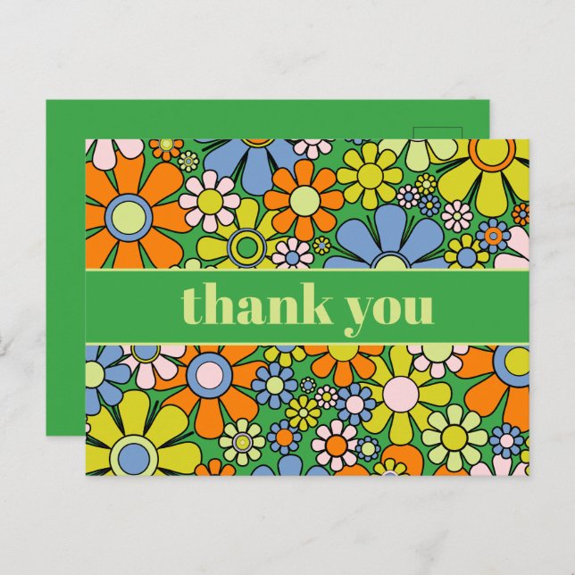 Postal Groovy Retro Floral Colorido Agradecido 60s 70s (Anverso / Reverso)