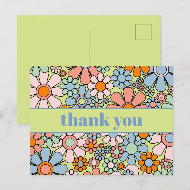 Postal Groovy Retro Floral Colorido Agradecimiento 60s 70 (Anverso / Reverso)