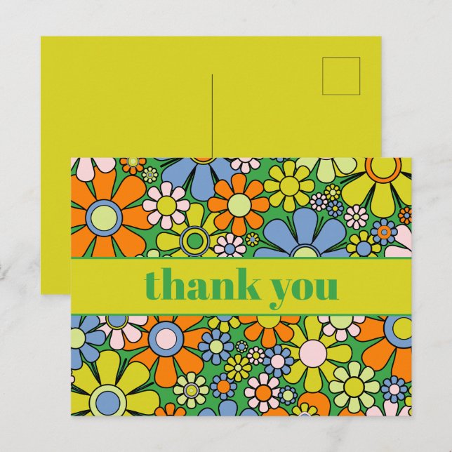 Postal Groovy Retro Floral Colorido Agradecimiento de los (Anverso / Reverso)