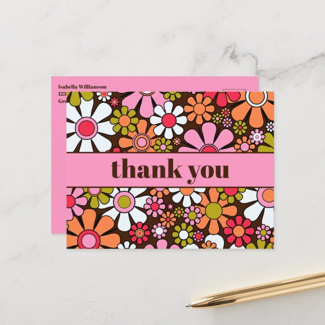Postal Groovy Retro Flower Power Gracias (Anverso/Reverso In Situ)