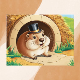 Postal Groundhog alegre con sombrero superior