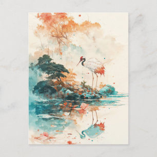 Postal Grulla coronada roja de pie en un paisaje de lago 