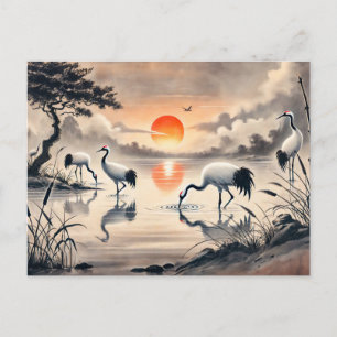 Postal Grulla en la marisma al atardecer Pintura china a