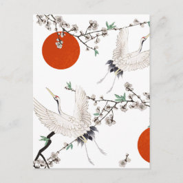 Postal Grulla japonesa con patrón de flor de ciruelo