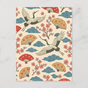 Postal Grulla Japonesa Patrón Sakura Tradicional Japonés