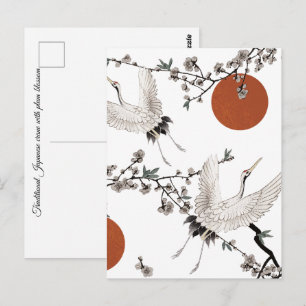 Postal Grulla japonesa tradicional con flor de ciruelo