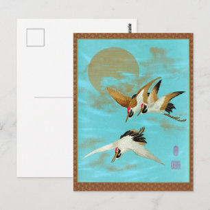 Postal Grulla Japonesa Vintage y Arte Azul del Sol Dorado
