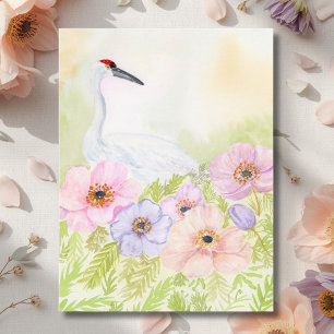 Postal Grulla Trompetera con Anémonas Pastel