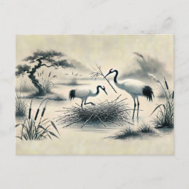 Postal Grullas anidando en su pintura de tinta china de n