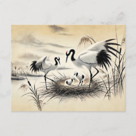 Postal Grullas anidando en su pintura de tinta china de n