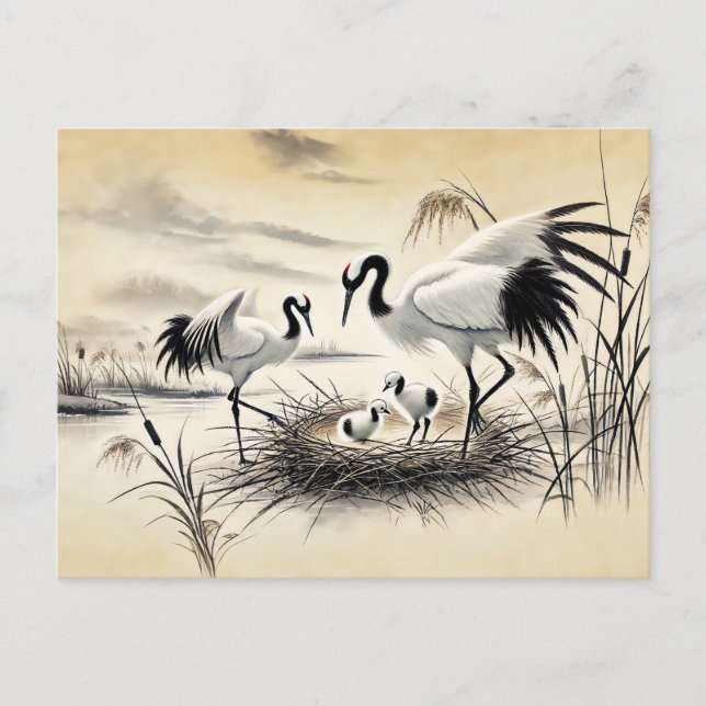 Postal Grullas anidando en su pintura de tinta china de n (Anverso)