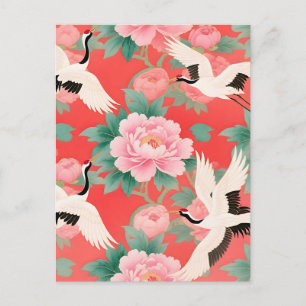 Postal Grullas Japonesas Peonías Rojo Chinoiserie Eleganc