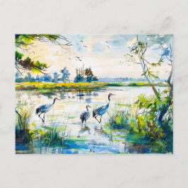 Postal Grullas junto al río Havelland Estilo acuarela