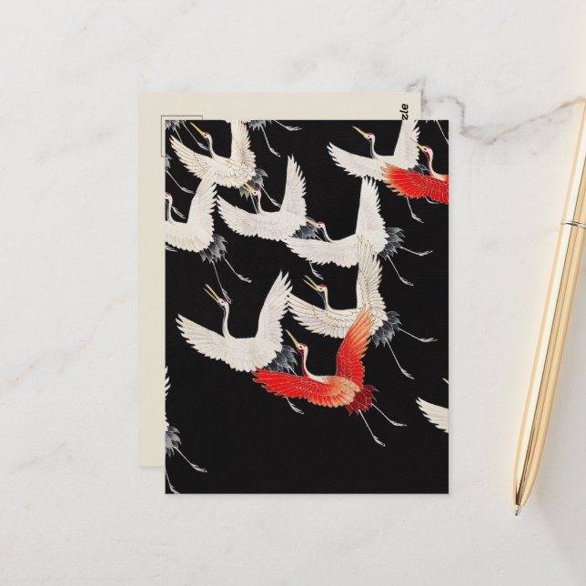 Postal Grullas voladoras: Arte japonés de kimono con aves (Anverso/Reverso In Situ)