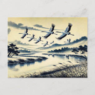 Postal Grullas volando sobre un paisaje fluvial de tinta