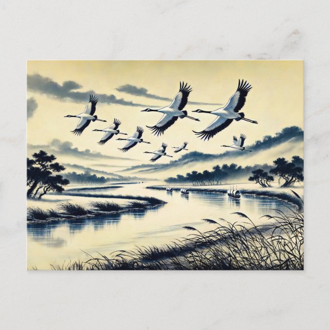 Postal Grullas volando sobre un paisaje fluvial de tinta  (Anverso)