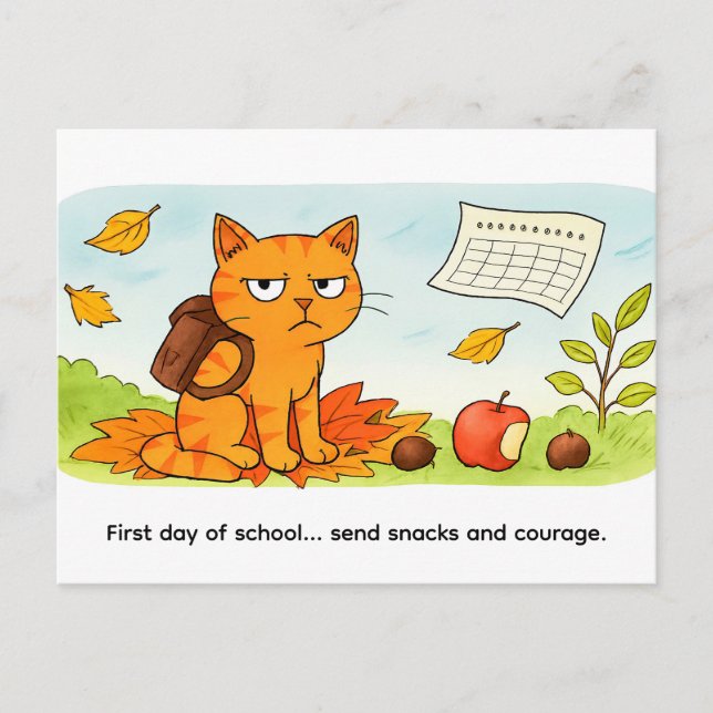 Postal Grumpy Cartoon Cat Starting School in Autumn (Anverso)