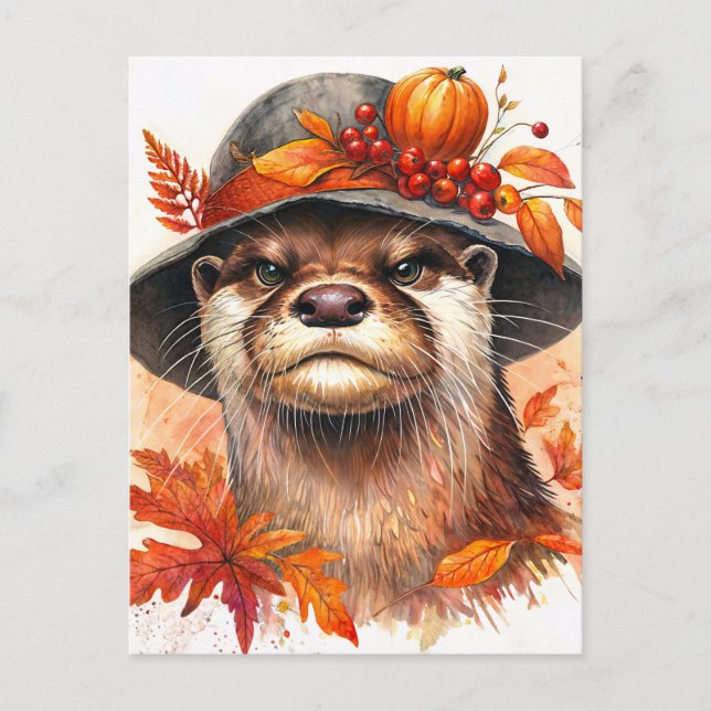 Postal Grumpy Otter Autumn Watercolor Art (Anverso)