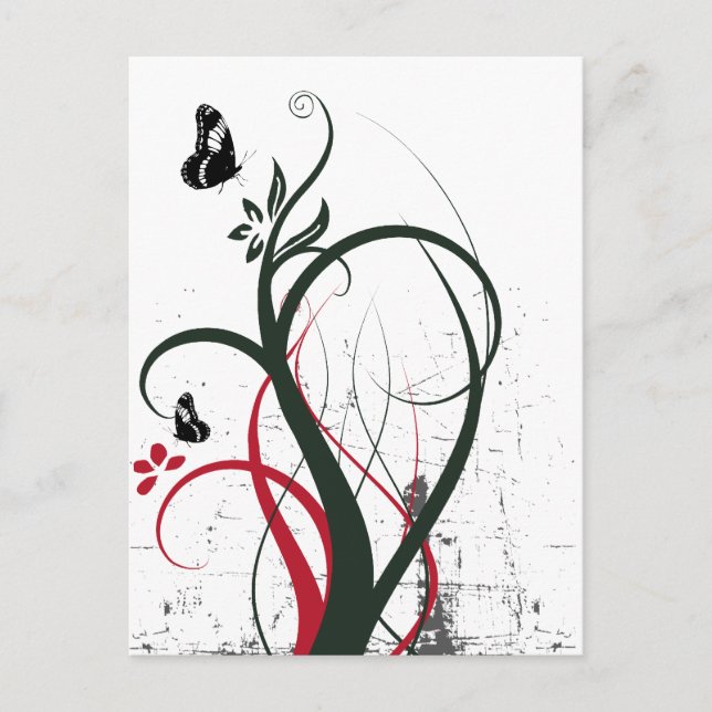 Postal Grunge Swirls 2 Mariposas Original Rojo Negro (Anverso)