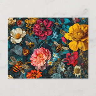 Postal Grupo de abejas con zinnias, Rosas y Daisie