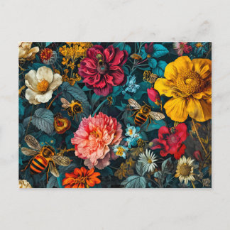 Postal Grupo de abejas con zinnias, Rosas y Daisie