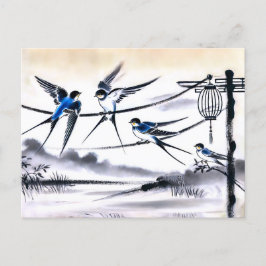 Postal Grupo de golondrinas reunidas en una línea de alim