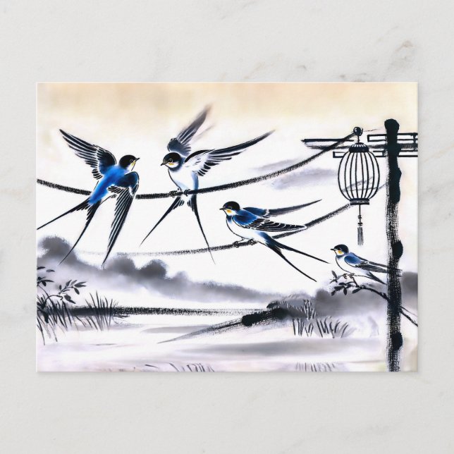 Postal Grupo de golondrinas reunidas en una línea de alim (Anverso)
