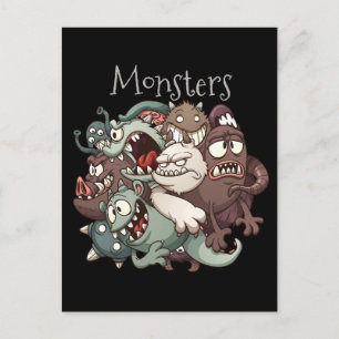 Postal Grupo de Monstruos de Dibujos Animados Divertidos