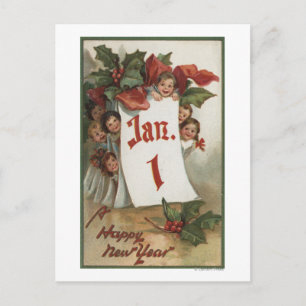 Postal Grupo de niños escondiéndose detrás del calendario