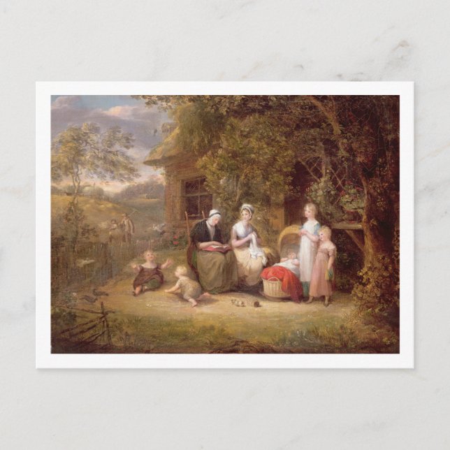 Postal Grupo familiar ante una cabaña de paja (aceite en  (Anverso)