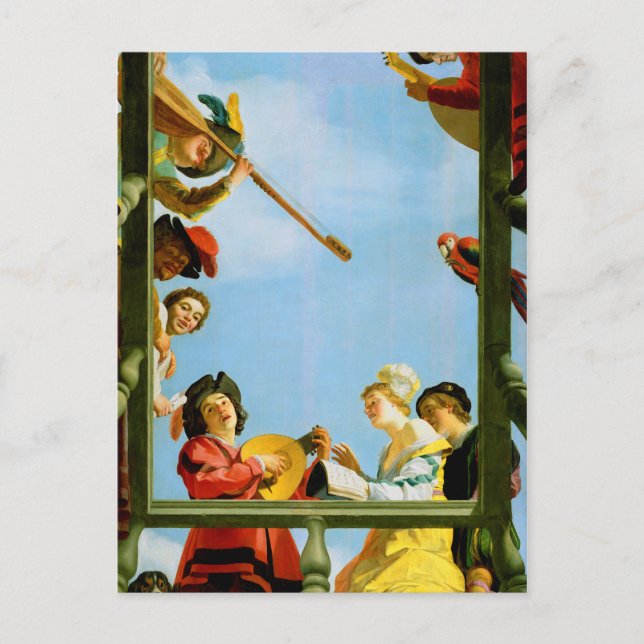Postal Grupo musical Gerrit Van Honthorst Balcony Art (Anverso)