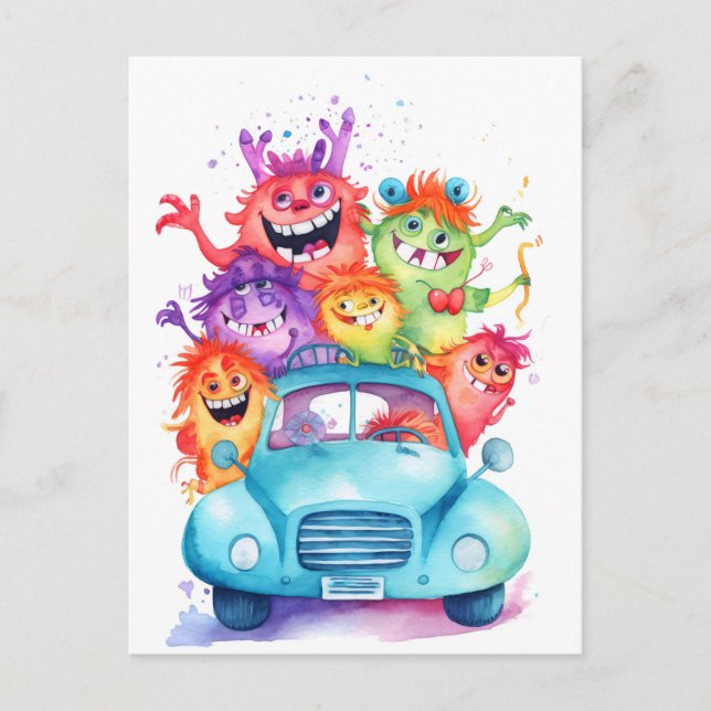 Postal Gruppe lustiger Monster fährt mit dem Auto. Urlaub (Anverso)