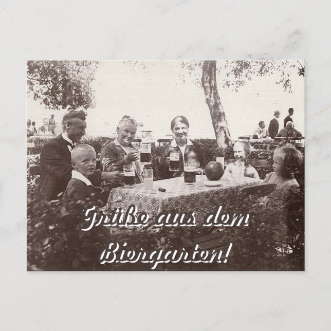 Postal Grüße aus dem Biergarten Schwarzweißfoto Familie (Anverso)