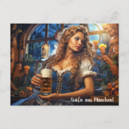 Postal Grüße aus München! Frau im Dirnd mit Bier