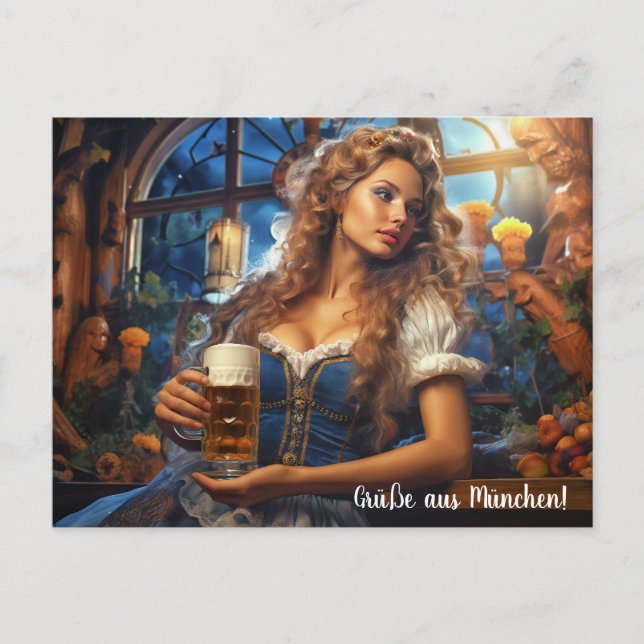 Postal Grüße aus München! Frau im Dirnd mit Bier (Anverso)