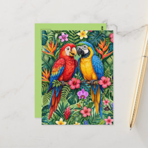 Postal Guacamayos de la selva Loros alegres Flores vibran