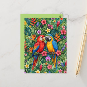 Postal Guacamayos de la selva Loros alegres Flores vibran
